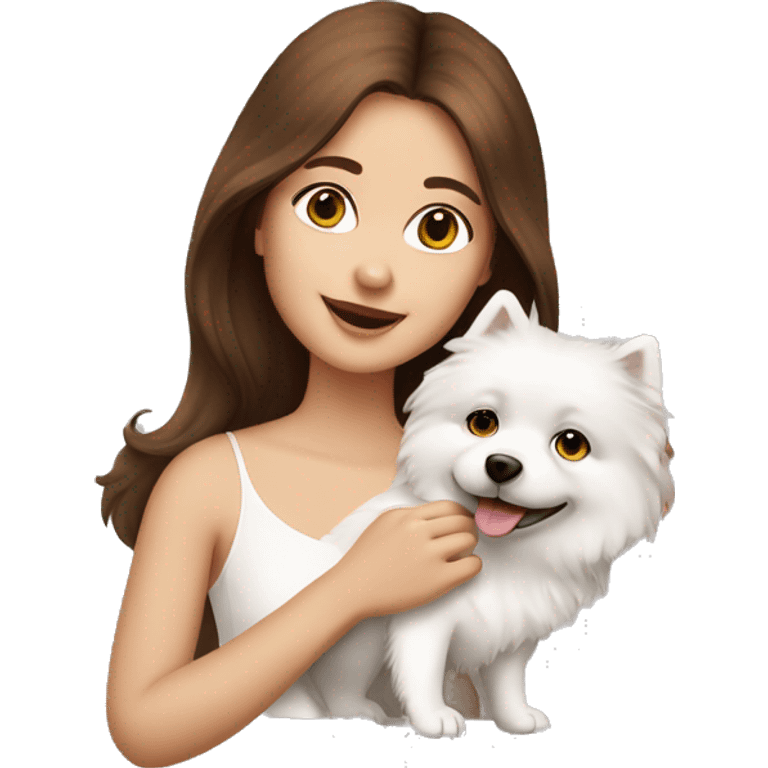 beautiful girl with brown hair with her cream-white spitz dog emoji