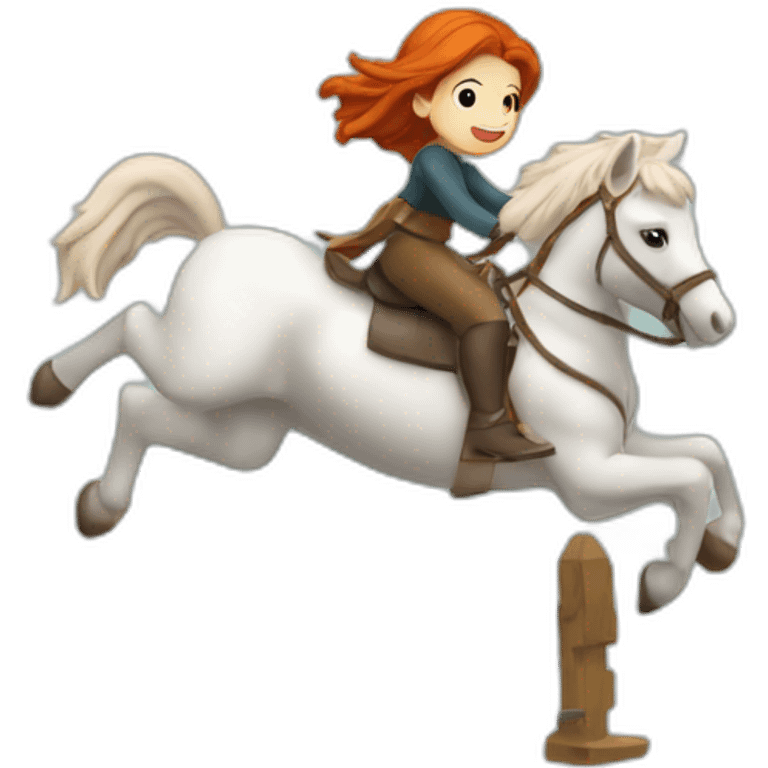 Fille rousse sur un cheval qui saute un obstacle emoji