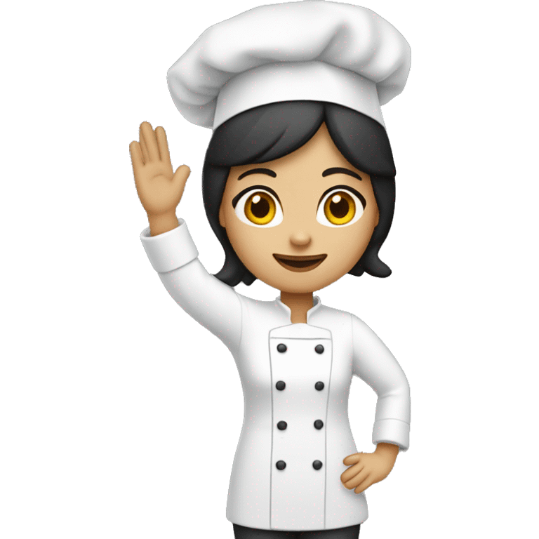 woman with dark hair, wear chef hat, wear chef jacket, raising her hand up emoji