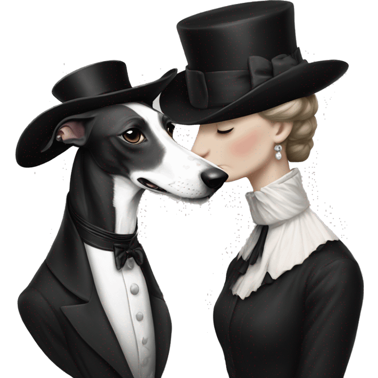 Two aristocrat dog black and white galgo kiss with women  emoji