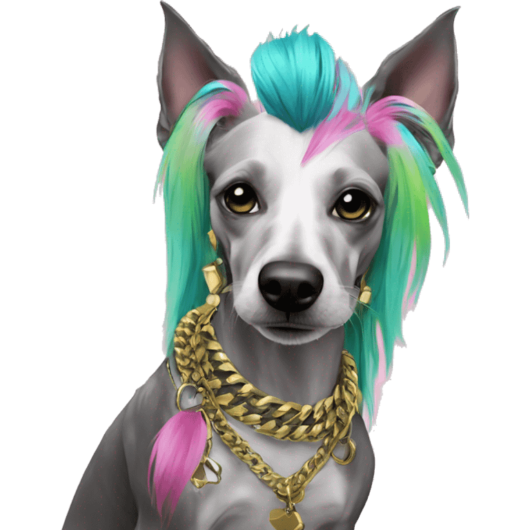 Punk tropical Chinese crested dog neon rainbow cyan green pink hair gold chain punk piercings tattoos punk ear piercings emoji