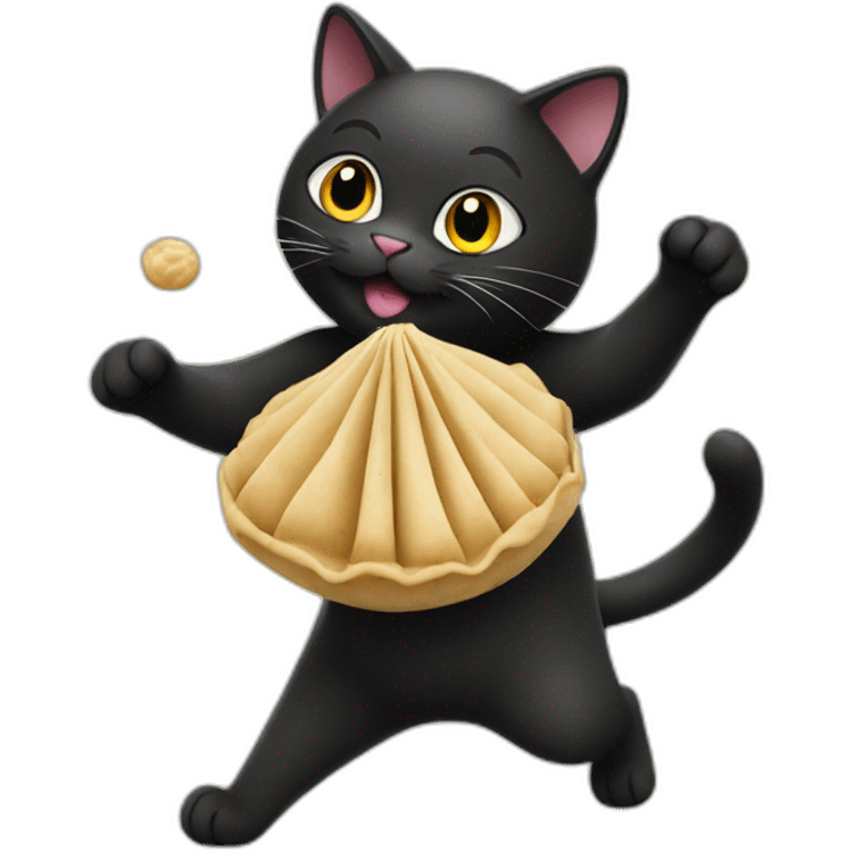 Black cat holding a dumpling and dancing emoji