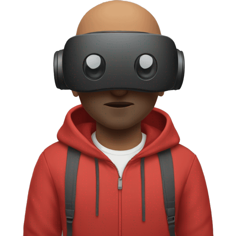 Bald Brownman with no facial hair and a red hoodie playing VR emoji