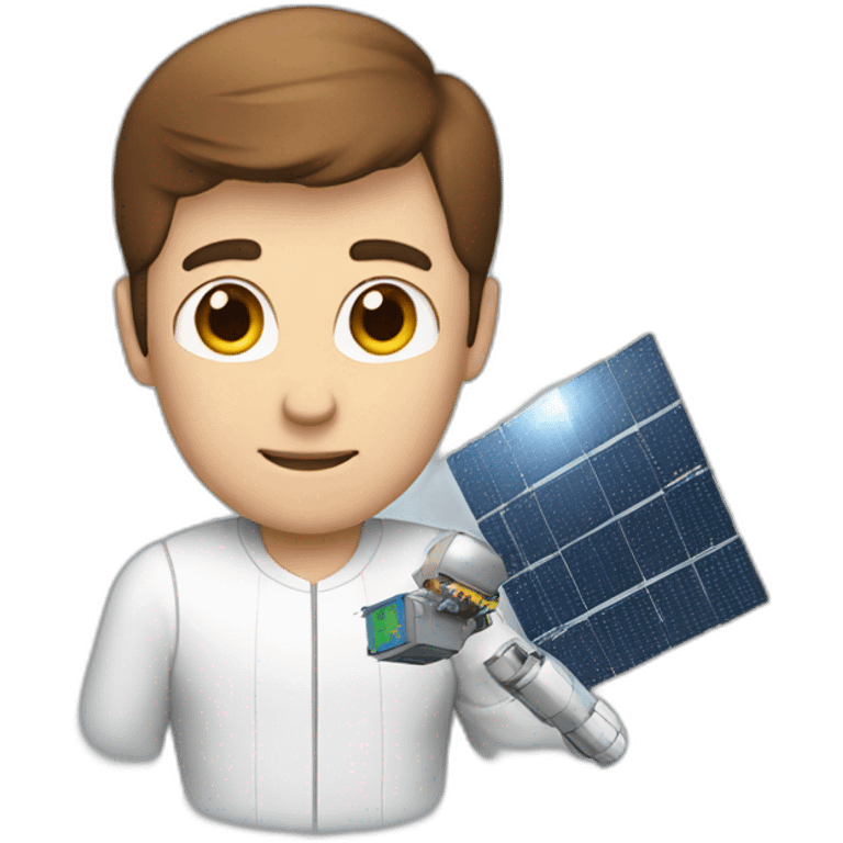 Tall white man with brown hair fixing a small satellite emoji