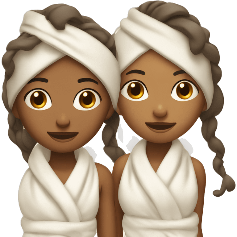 two girls with their eyes closed with towels on their heads and face cream on one white and one tan emoji