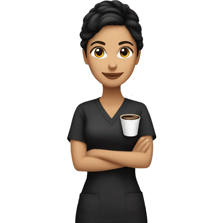 Hispanic woman in black scrubs holding a coffee emoji