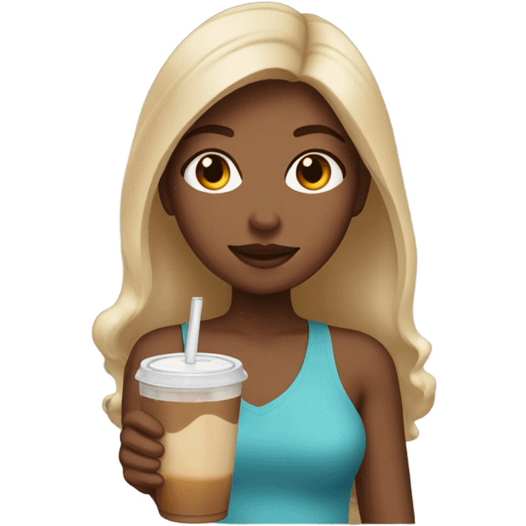 Girl with brown hair with blonde in it with an iced coffee in her hand  emoji