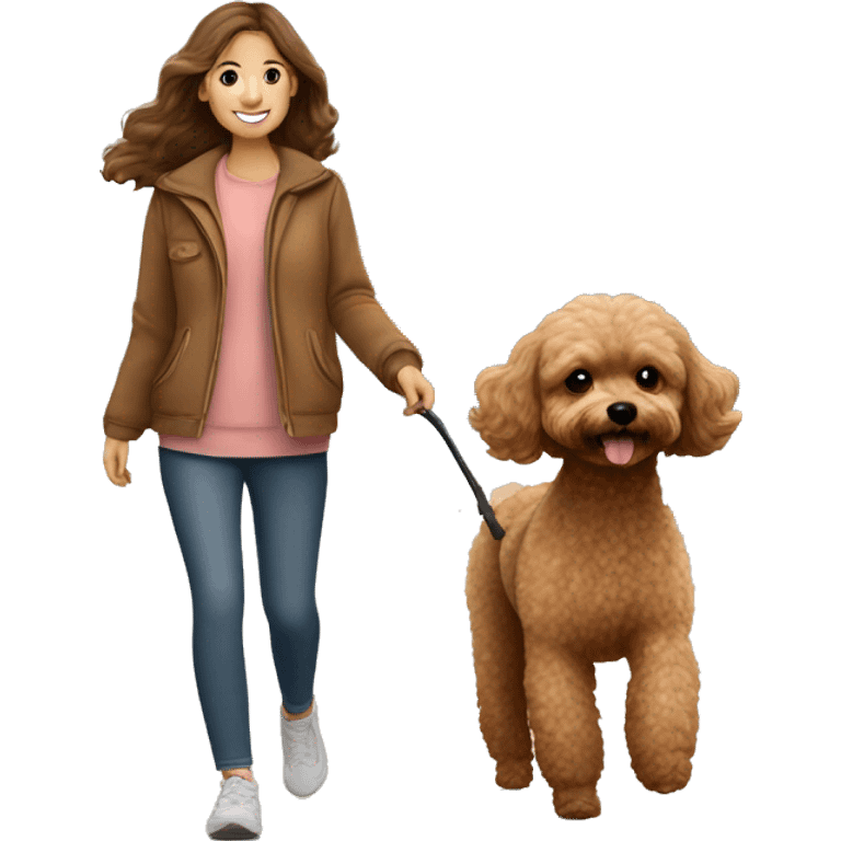 Brown Maltipoo dog walk with brunette girl emoji