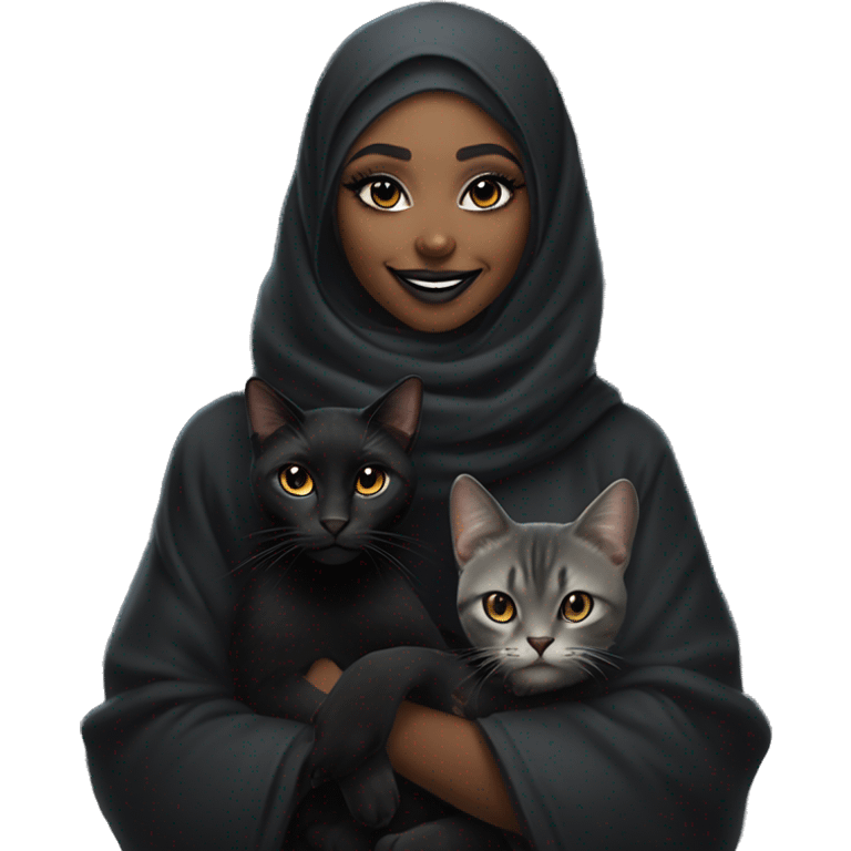 A black girl emoji with a smiley expression, wearing gothic-style makeup, a septum piercing, a silver lip ring, a black hijab, and a black fur coat. She is smiling warmly, with a small black cat sitting or standing beside her. emoji