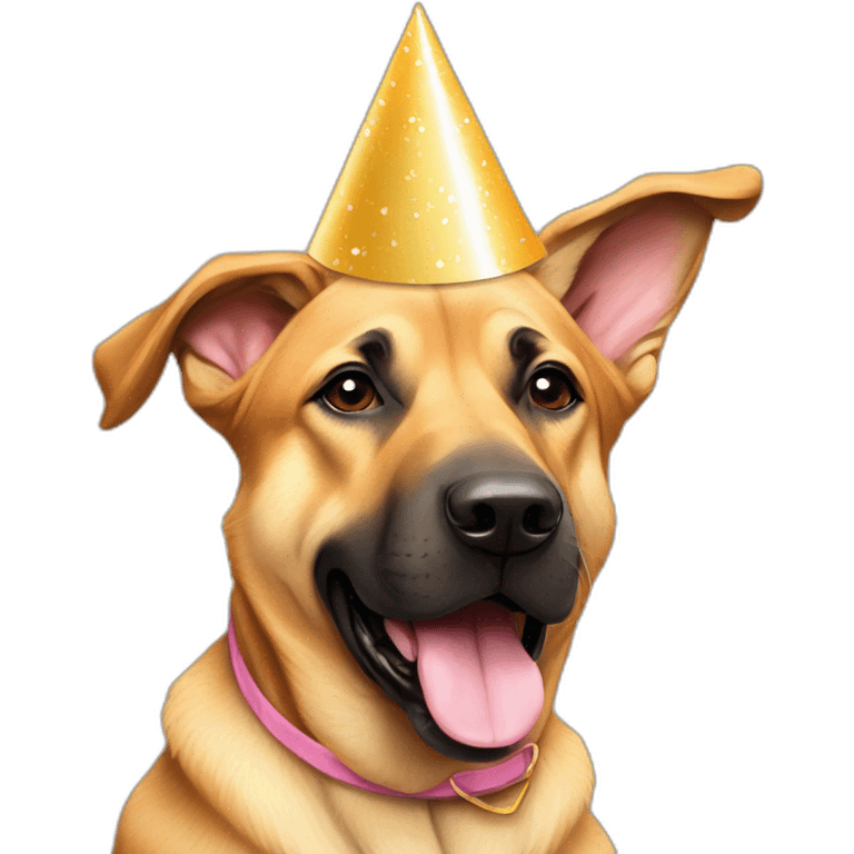 German shepherd tan Pitt bull floppy ears mixed dog wearing birthday hat emoji