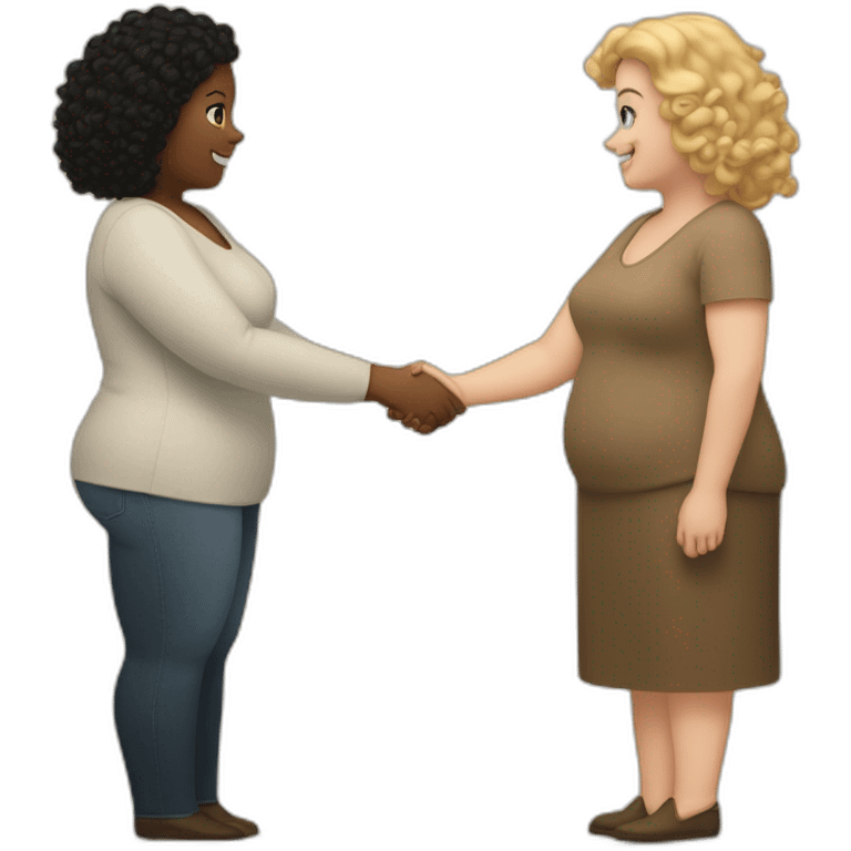 tan chubby woman with black curly hair shakes hands with a chubby pale woman who has straight light brown hair emoji