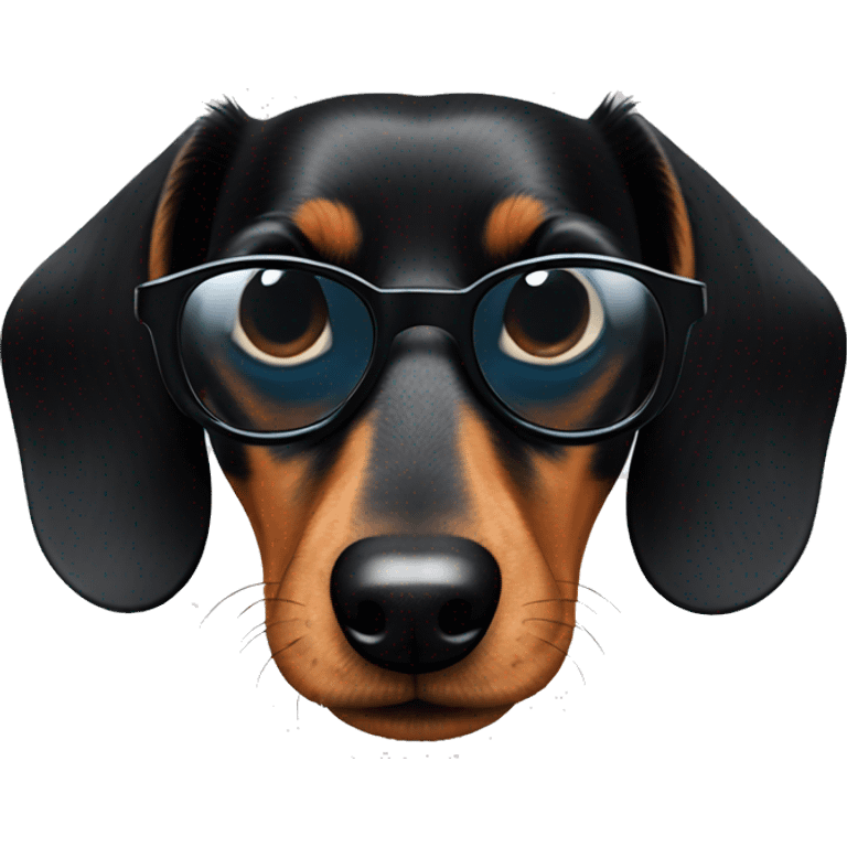 A black short-haired dachshund with a wacky look on his sunglasses emoji