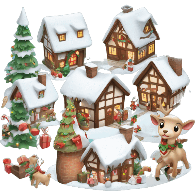 cute christmas village with snow and santa and reindeer’s and elves emoji