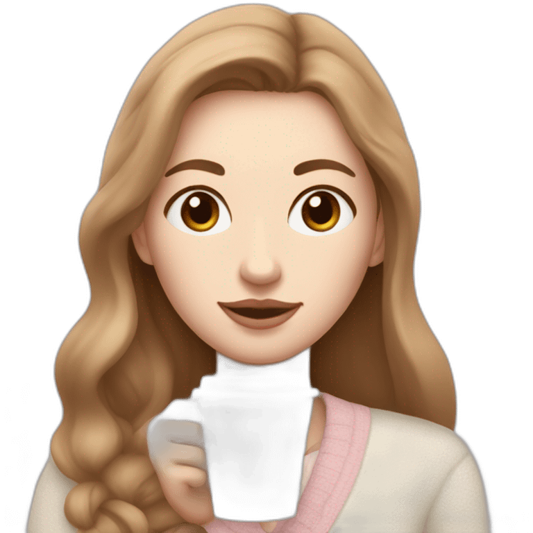 woman with pale skin and middle brown long thin hair wearing a white woolly shirt  and sipping coffee from a light pink takeaway cup eyes closed emoji