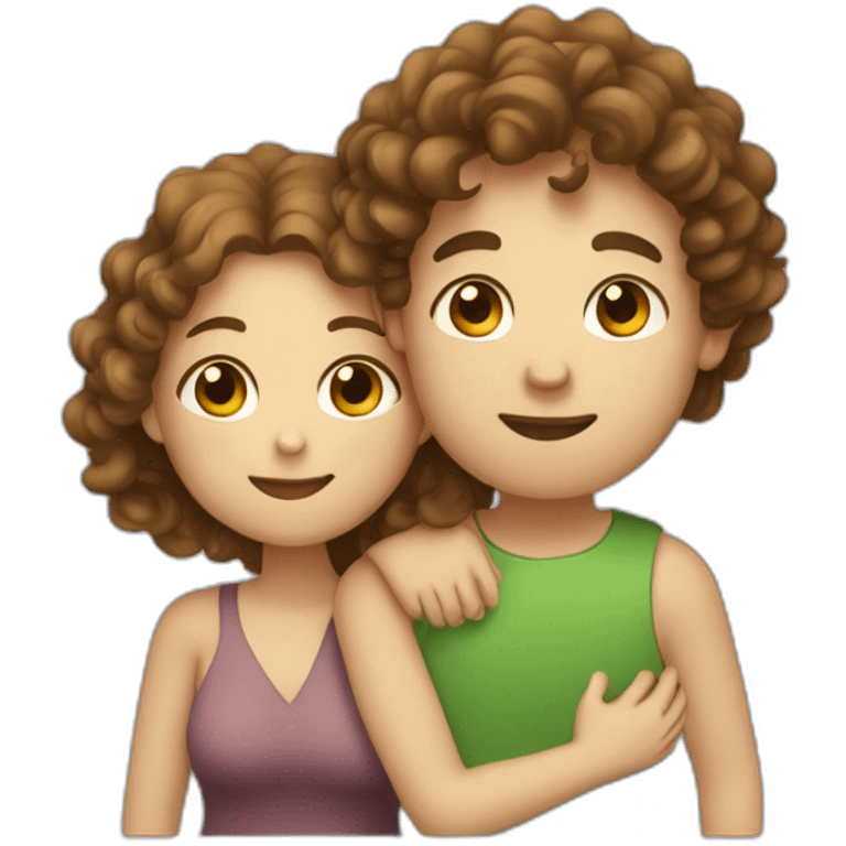 Couple, hugging, man with brown curly hair and blue eyes. chubby woman with long light brown curly hair and blue-green eyes. emoji