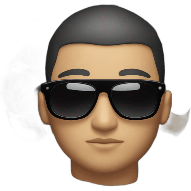 Serious face of DJ Snake with black sunglasses front view wearing a BLACK hoodie on the head emoji