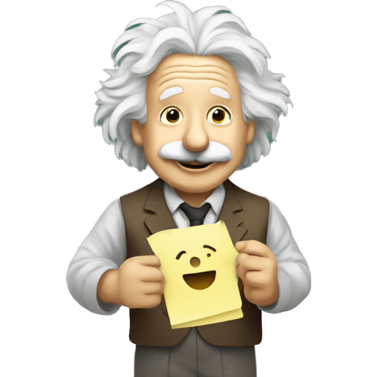 happy albert einstein holding Sticky Note with "New" Written on It in one hand emoji