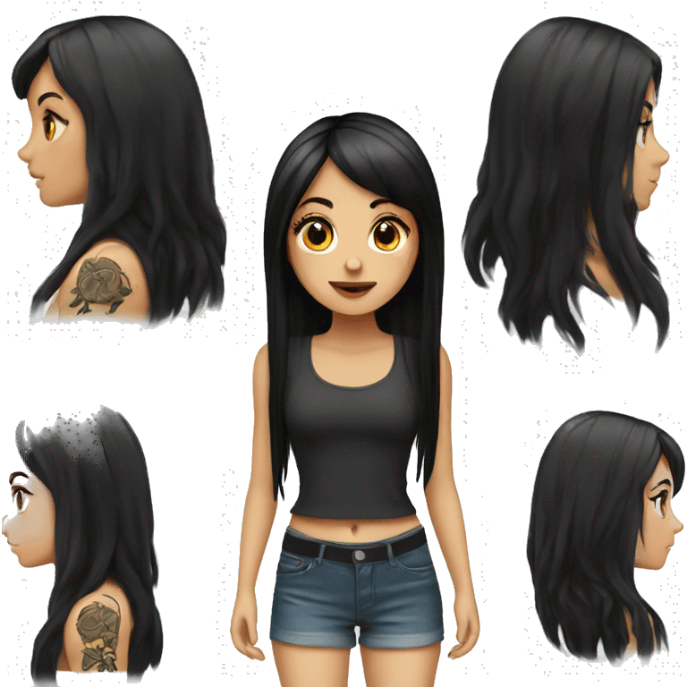 white girl with long black hair and bangs and tattoos emoji