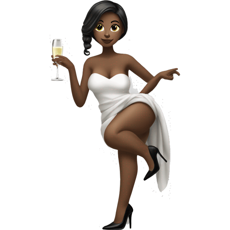 Girl with white towel wrapped around hair holding a champagne glass and bottle in black high heels  emoji