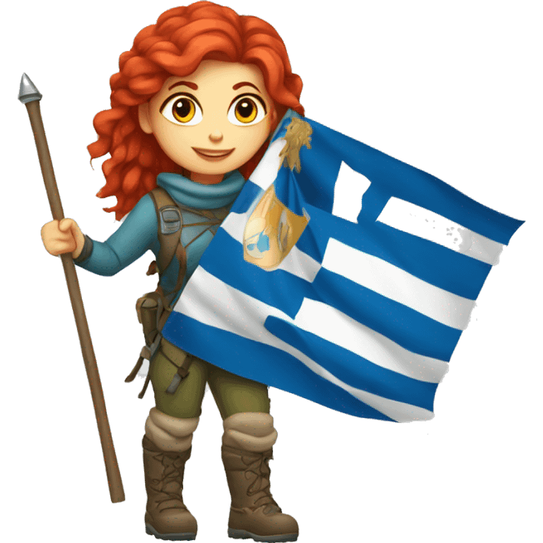 female winter mountaineer red hair holding greek flag and easter egg emoji