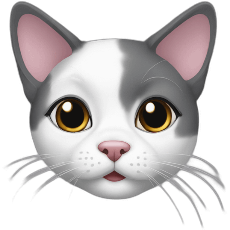 older round diluted calico, white chin, black and pink nose, grey ears, grey and white emoji