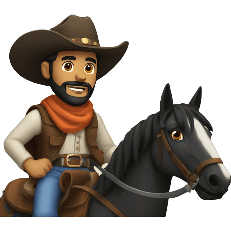 man with black beard and black eyes wearing a cowboy hat riding on his horse in front of a campfire holding a shotgun emoji