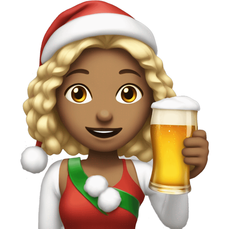 christmassy girl holding a beer ready to party emoji