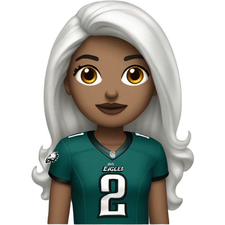 White female long dark hair red lips wearing Philadelphia Eagles jersey emoji