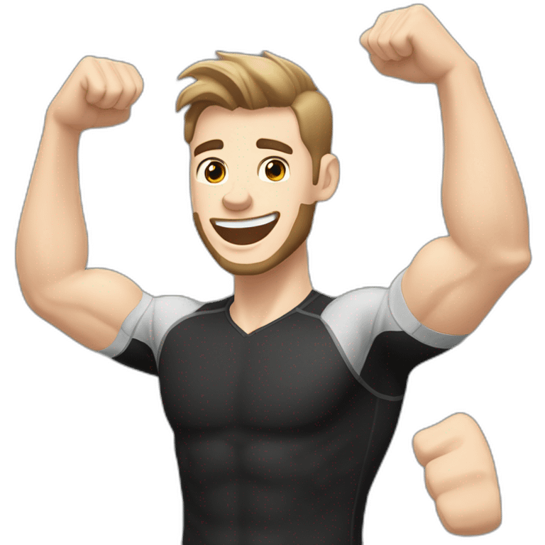 Joyful Celebrating victory Pale skinned Fit Man With the biceps and dark brown hair in black shirt, gray sports shorts and white Sneakers emoji