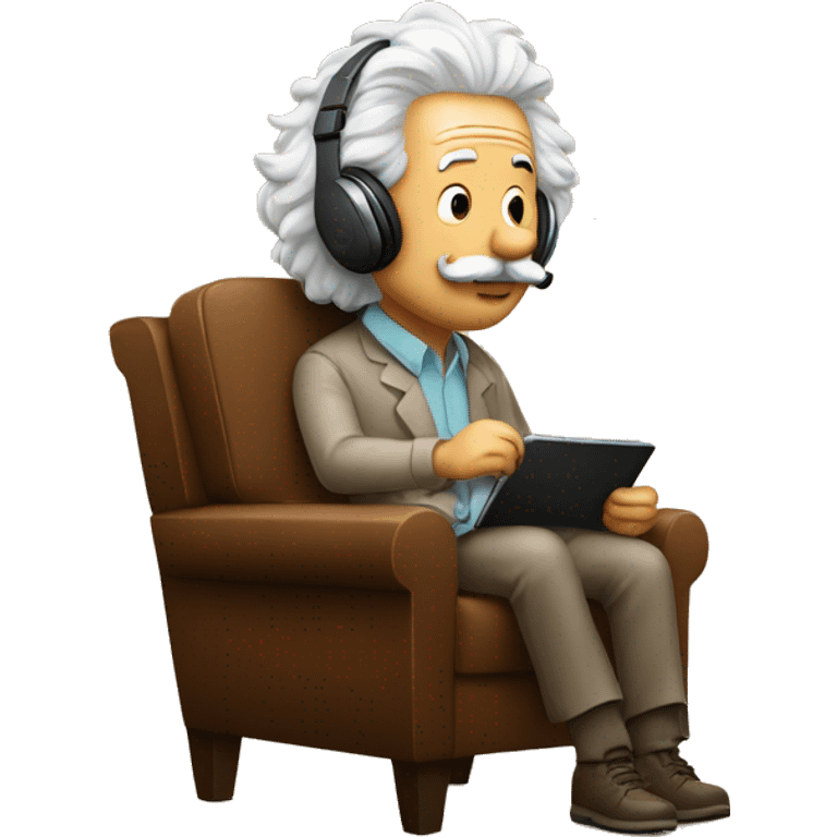 albert einstein happy listening music with just wireless headphones while sitting on the brown chair emoji