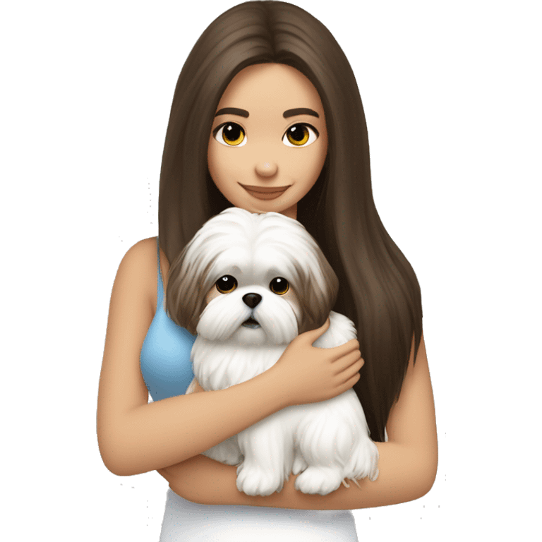 Brunette girl long hair, hugging her white Shih tzu emoji