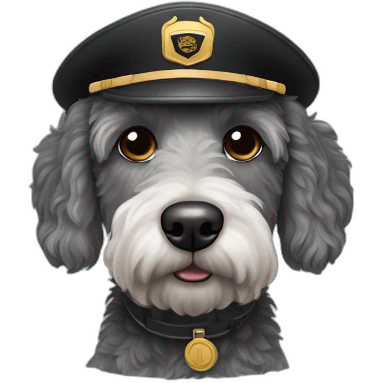 sad grey and black labradoodle dog's face with pilot cap on emoji