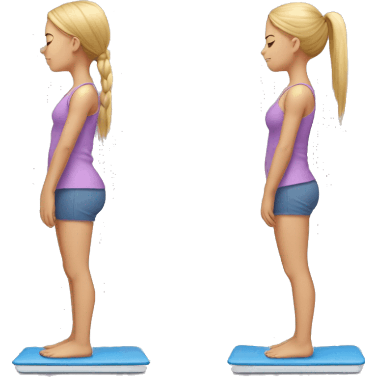 Side view of a girl standing on a bathroom scale, looking down, wearing yoga clothes emoji