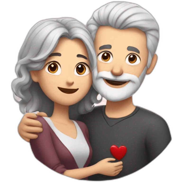 Man with gray hair and white beard hugs woman with dark brown hair with floating hearts emoji