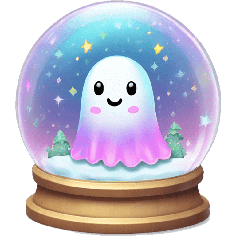 Kawaii rainbow pastel bedazzled ghost in a forest snow globe  emoji