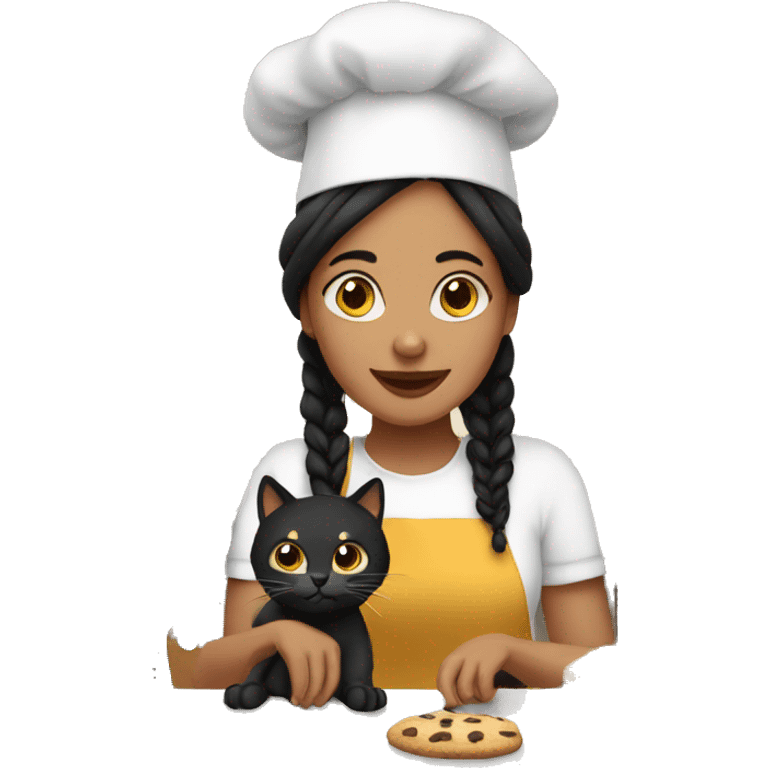 Woman wearing brow dark braids baking cookies with her dark cat  emoji