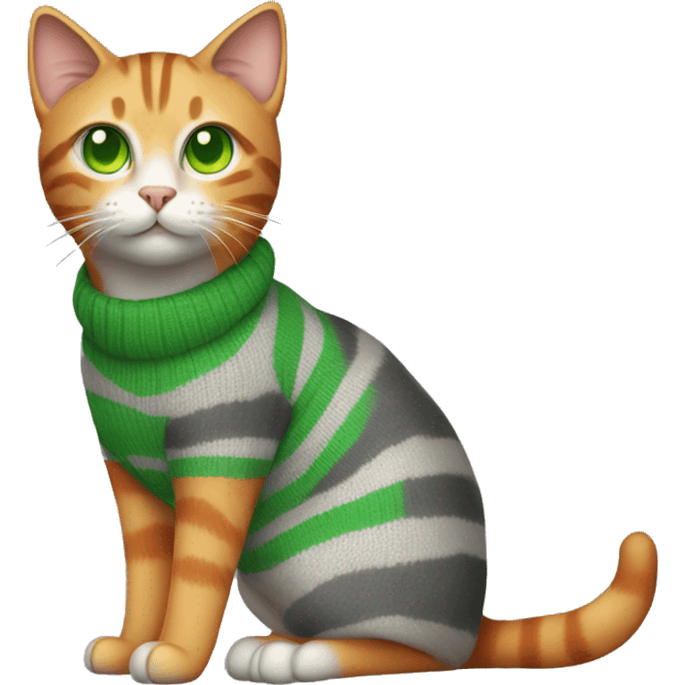 A striped grey cat with green eyes with orange sweater in full growth emoji