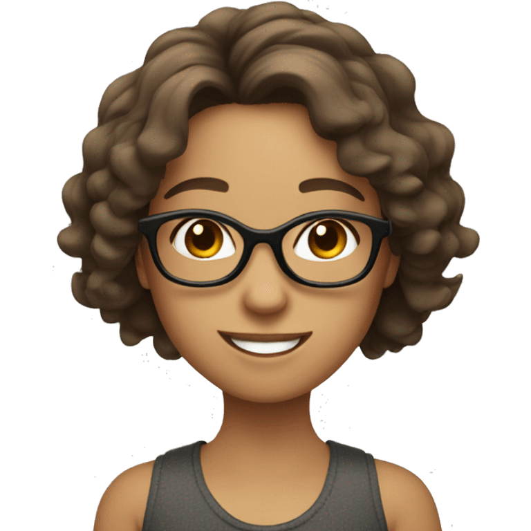 smiling girl with shoulder length shaggy brown hair and big dark glasses emoji