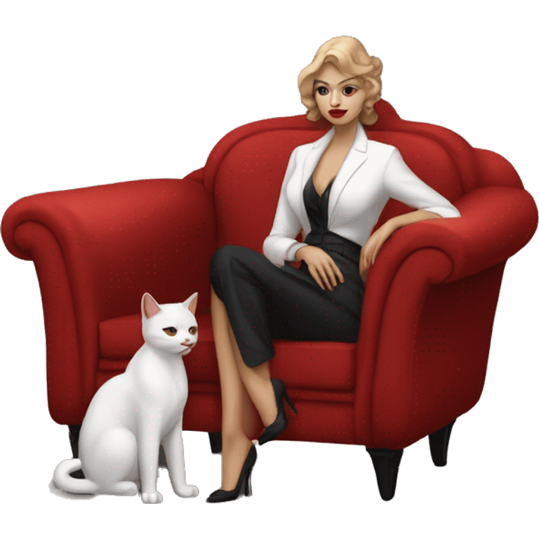 a woman cosplaying don corleone as a mafia boss sitting on a red chair petting a white cat on his lap emoji