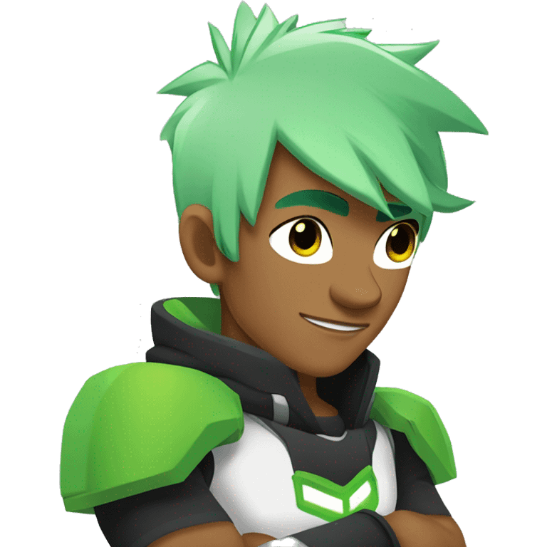 Omnitrix 23 year old white skin, arm folded side looking, half body  emoji