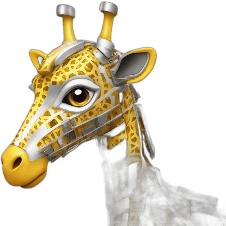 Una girafa robotica con patrones de circuitos brillantes en su piel, piernas con juntas móviles y piezas de metal relucientes emoji