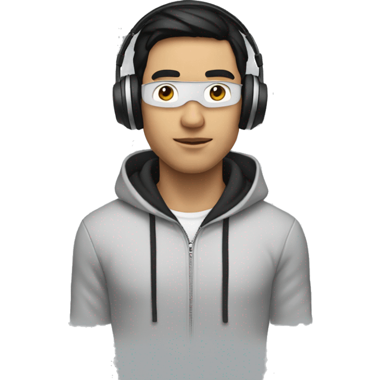 a guy with black hair, wearing a hoodie using a apple vision headset emoji