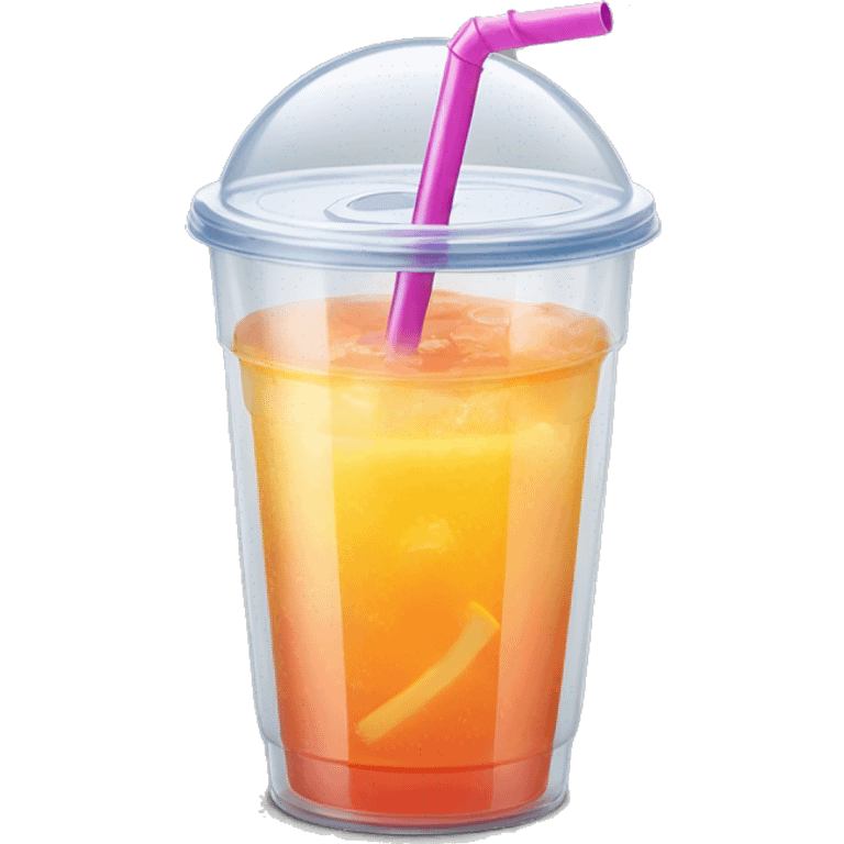 Realistic plastic domed lid cup with one colorful straw and juice with ice inside of the cup. emoji