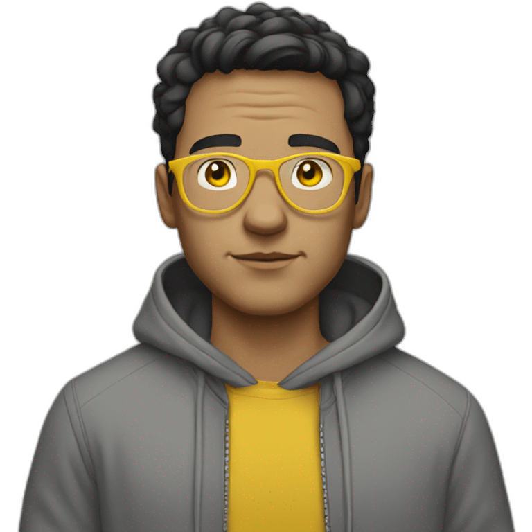 White man with yellow tinted glasses and black hair in a gray hoodie emoji