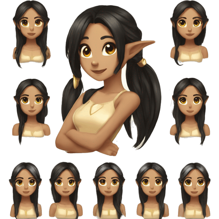 Tan fem elf short ponytail black hair light brown higlight hair gold eyes  emoji