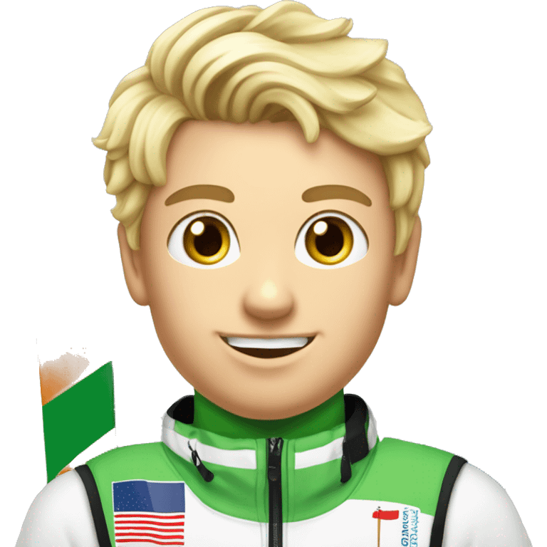 18 year old blonde boy ski racing World Cup with slalom poles wearing a bib that says Rowmark. emoji