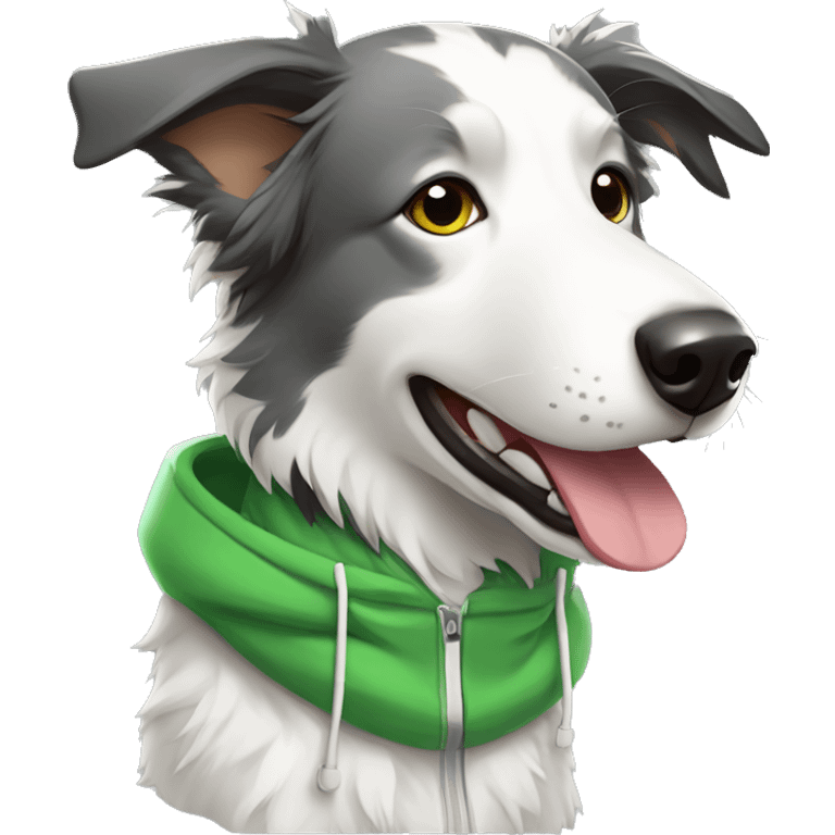 gray and white border collie with a green hoodie wearing headphones side profile emoji