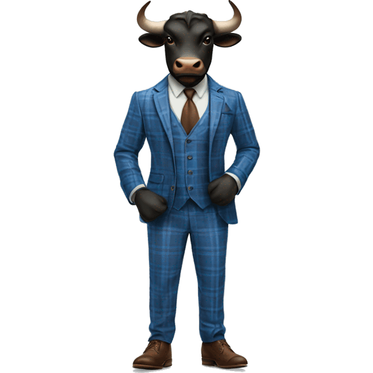 Black Bull with horns standing up wearing blue plaid 3 piece suit with brown leather shoes emoji