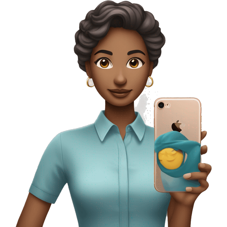 Uma mulher de olhos cor de meu morena e com iPhone 11 na mão trabalhando de social media  emoji