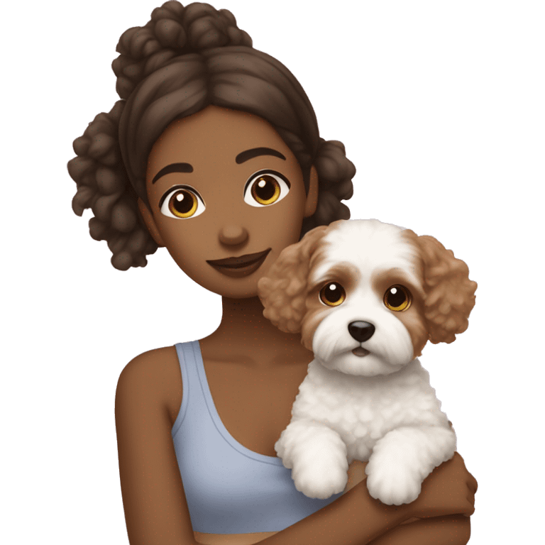 Brown girl holding Maltipoo with white patch emoji